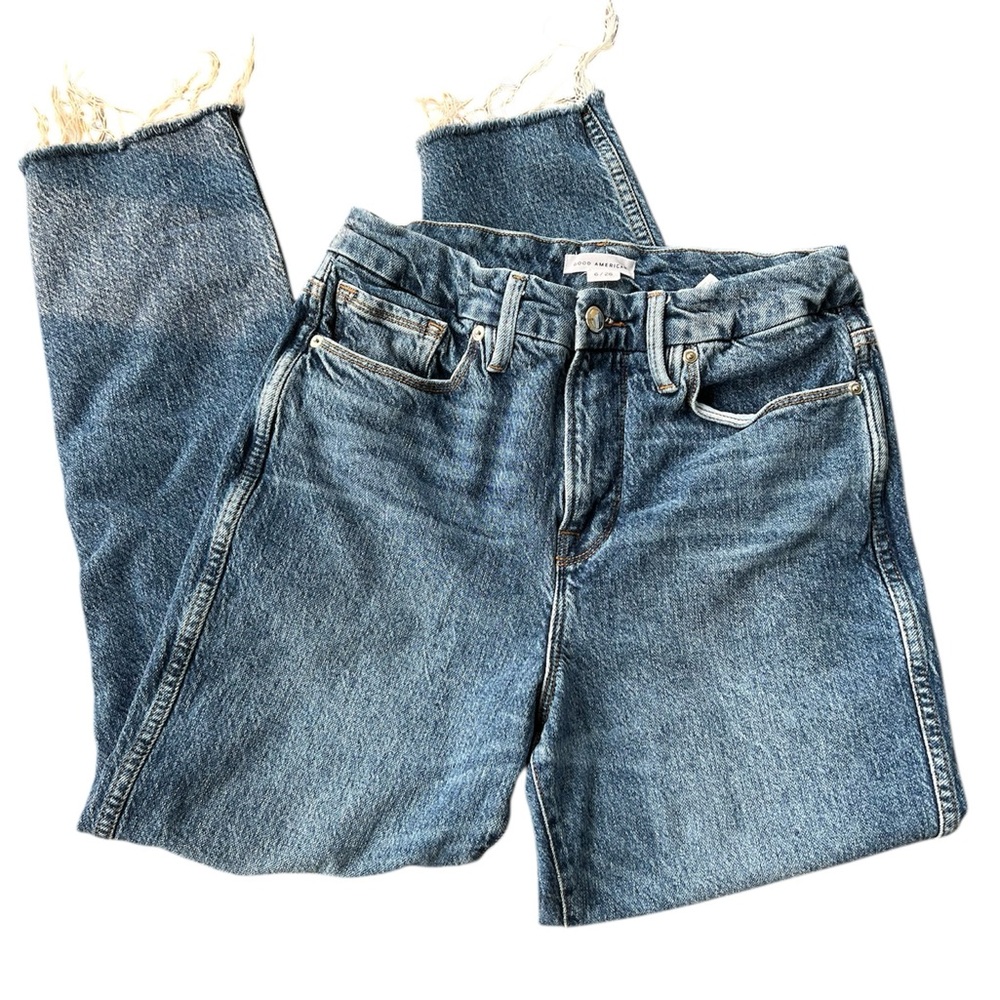 Good American Blue Straight Leg Jeans Raw Hem